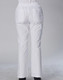 White chef pants with a relaxed fit, featuring pockets and an elastic waistband. Suitable for kitchen wear.