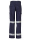 Heavy cotton cargo pants in navy blue with reflective 3M tape for visibility. Features multiple pockets and a back view.