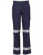 Heavy cotton drill cargo pants in navy blue with reflective 3M tape detailing and pockets, featuring a brand logo.