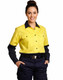 A women's long-sleeve safety shirt in hi-vis yellow with navy blue sleeves, featuring pockets and a collar.