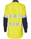 A long-sleeve safety shirt in hi-vis yellow with navy sleeves and reflective 3M tape stripes. Features a logo.