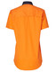 A short-sleeved safety shirt in bright orange with a navy collar, featuring a logo on the back.