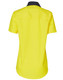 A bright yellow short-sleeved safety shirt with a navy collar, featuring a logo on the back.