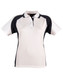 A ladies' polo shirt in white with black accents, featuring a collar and a logo on the front.