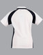 A white and navy polo shirt with a sporty design and a logo on the back.