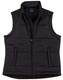 A black padded vest with a zip closure and a standing collar, featuring a logo on the inner label.