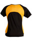 A black and yellow ladies' T-shirt with a mesh design on the back. It features a branding logo.