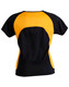 A black and yellow women's T-shirt featuring a mesh design on the back and a logo.