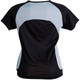 A black and light blue ladies' tee shirt featuring a stylish design and mesh detailing on the back.