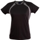 A black ladies' T-shirt with mesh detailing on the sides, featuring a logo on the neckline.