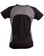 A black and grey ladies' t-shirt featuring a sleek design and mesh panels for breathability.