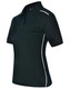 A ladies' polo shirt in black with white contrast piping and a classic collar. It features short sleeves and a logo.