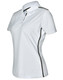 A white short sleeve polo shirt with black contrast detailing and a logo on the chest.