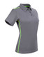 A grey ladies' short sleeve polo shirt featuring contrast green side detailing and a collar. It has a logo on it.