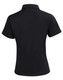 A black short sleeve polo shirt featuring a collar and a logo on the back.