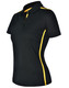 A black ladies' polo shirt with short sleeves and yellow contrasting stripes, featuring a collar and a branded logo.