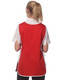 A ladies' smock in red with a back view, featuring a white collar and tied sides. It has a logo on the fabric.