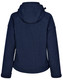 A navy blue ladies' softshell full zip hoodie with a hood and a branded logo on the back.