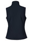 A black women's softshell vest with a high collar and no sleeves at the back. It features a logo.