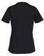 A black ladies' short sleeve scrub top with a simple, solid design and a logo at the back.