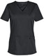 A dark green ladies' short sleeve scrub top with a V-neck and two front pockets. It features a logo.