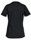 A black women's scrub top with short sleeves and a fitted design, featuring a logo on the back.