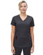A solid black short-sleeve scrub top with a V-neck and pockets, featuring a logo.