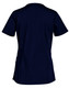 A navy blue ladies' scrub top with short sleeves and a simple design, featuring a logo on the back.