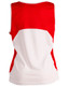 A red and white ladies' sprint singlet featuring a mesh design and a logo on the back.
