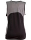 A ladies' sprint singlet featuring a mesh design, predominantly black with grey accents, and a logo on the back.