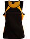 A black and yellow ladies' sprint singlet with a breathable design and a logo on the neckline.