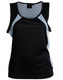 A black and light blue ladies' singlet featuring a lightweight design and athletic cut, with a logo on the label.