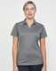A grey ladies' polo shirt with light blue contrast detailing, featuring a collar and three-button placket, with a logo.