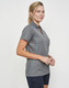 A grey polo shirt with contrast blue detailing, featuring a collar and short sleeves. Includes a logo.