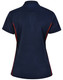 A navy blue polo shirt featuring contrast orange detailing and a logo on the back.