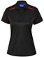 A black polo shirt with contrasting red accents, featuring a collar and button placket. Includes a logo.