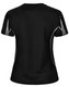 A black short-sleeve women's T-shirt featuring grey accents and a logo on the back.