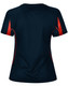A navy blue ladies' T-shirt with red accents on the sides and back. The shirt has a logo.