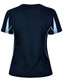 A ladies' short-sleeve T-shirt in navy with light blue detailing and a logo.