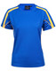 A blue short-sleeve T-shirt with yellow accents and a logo on the chest.
