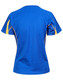 A blue t-shirt with yellow accents, featuring short sleeves and a relaxed fit, back view displayed.