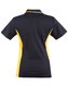 A black and yellow women's polo shirt featuring a contrasting design and a logo on the back.