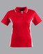 A red and white women's polo shirt with short sleeves and a collar, featuring a logo on one side.