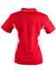 A red and white ladies' polo shirt with a contrast design, featuring a logo on the front.
