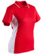 A red and white ladies' polo shirt with a short sleeve and a collar, featuring a logo.