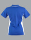 A blue and white contrast polo shirt featuring a logo, designed for women.