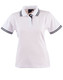 A white ladies' polo shirt with black stripes on the collar and sleeves, featuring a logo.