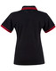 A black polo shirt with red-striped detailing on the collar and sleeves, featuring a logo.