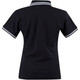 A black ladies' polo shirt featuring a classic collar and contrasting stripes on the sleeves.