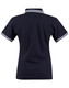 A dark navy polo shirt with white striped accents on the collar and sleeves, featuring a branding logo.